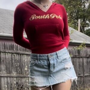 South Pole Y2K Red Hooded Sweater Embroidered Gold Lettering Small 2000s Logo